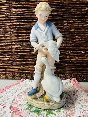 Vintage Andrea by Sadek Porcelain Figurine Boy with Geese Hand Painted Bisque